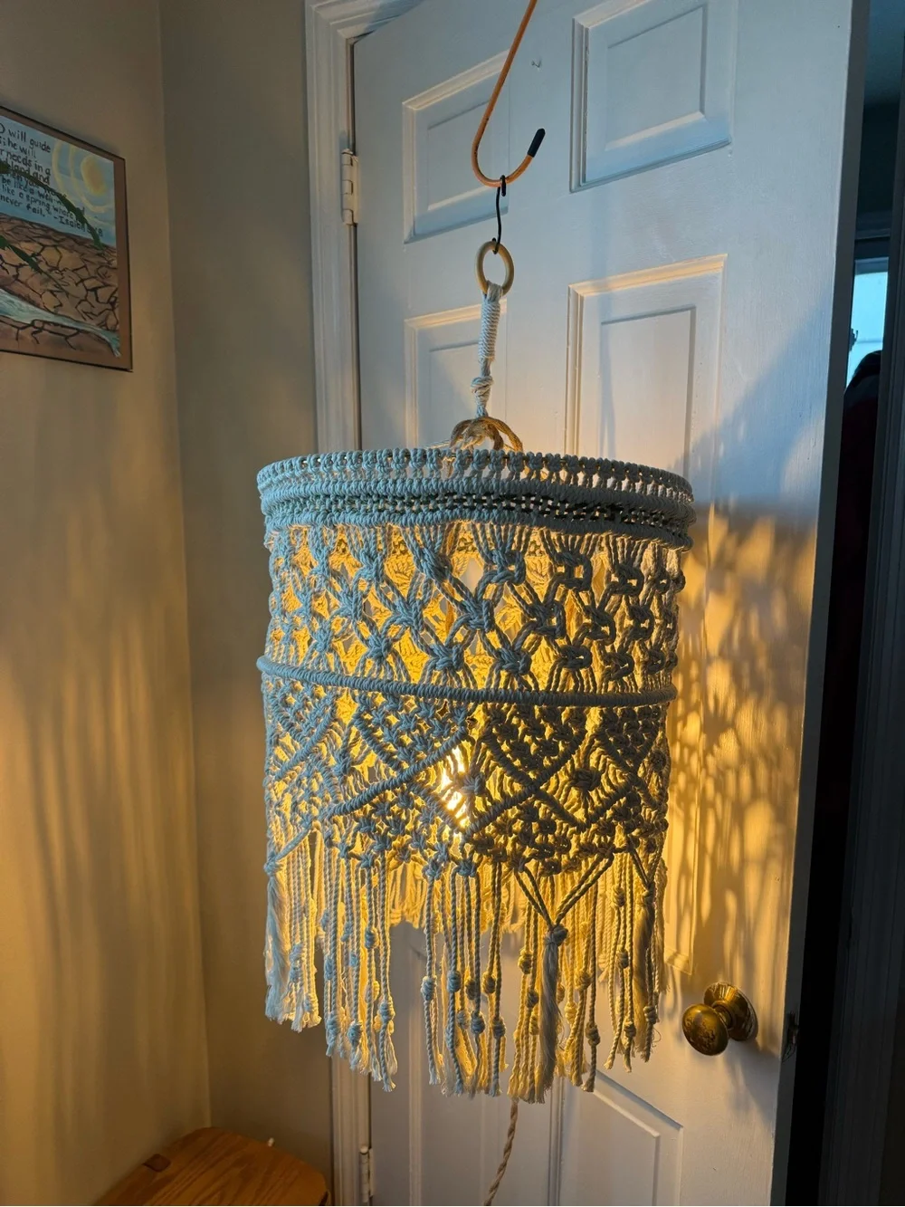Cream Macramé Hanging Lantern - Boho Woven Shade
